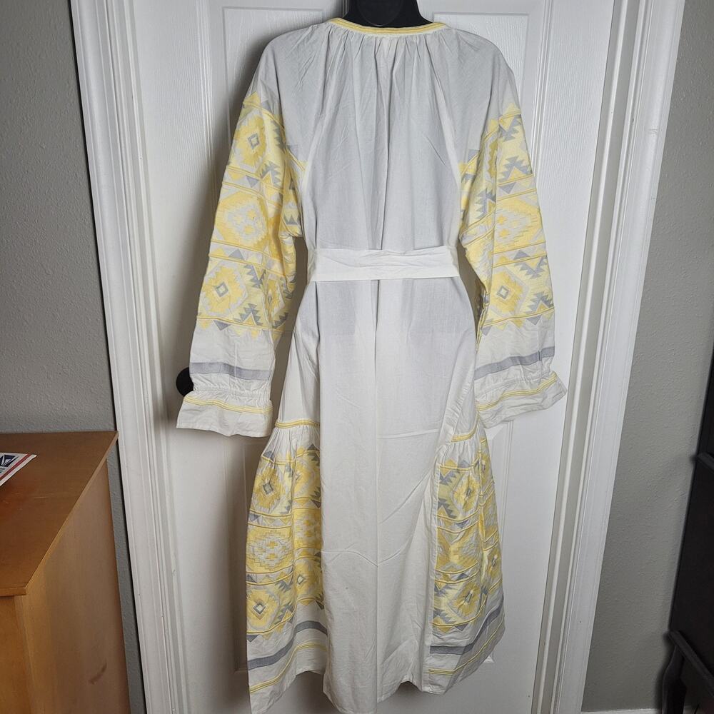 Julia Amory Dress 2XL White Yellow Coatue Caftan Embroidered Boho Maxi Belted - Picture 8 of 15